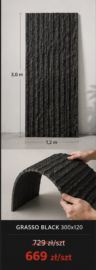 Stone Skin Grasso Black 300x120 elastyczny kwarcyt mineralny w promocji 669 zł za sztukę