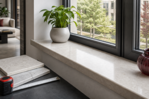 Parapet kamienny wewnętrzny przy dużym oknie w nowoczesnym wnętrzu
