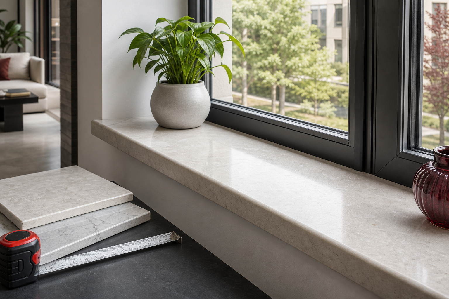 Parapet kamienny wewnętrzny przy dużym oknie w nowoczesnym wnętrzu